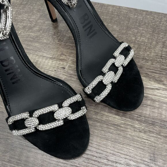 Gianni Bini Size 6.5 Leather Vivvia Rhinestone Jewel Chain Heels Open Toe Black - Picture 2 of 7